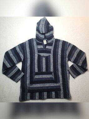 Vintage Sunspecs Baja Hoodie Drug Rug Sz XXL Unisex Blue Striped 1990s Damaged